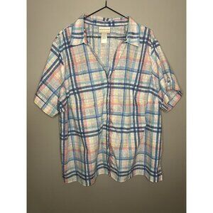 Alfred Dunner Button Up Shirt Size 22W Plaid Floral Short Sleeve Multicolor